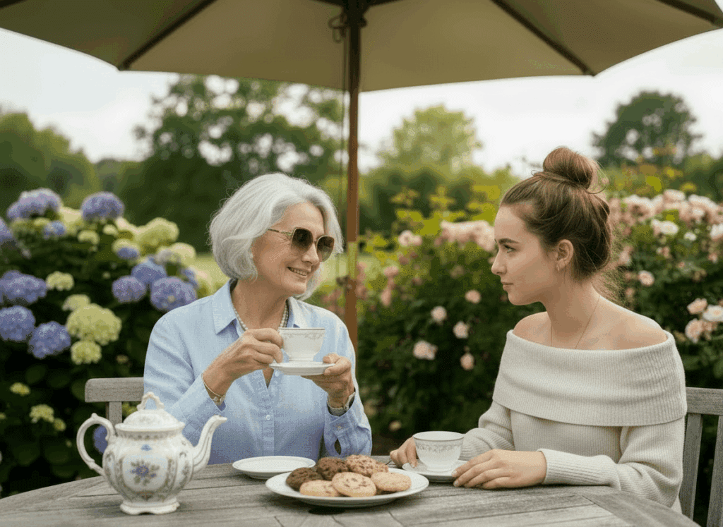 An elderly woman and a young woman sit at a wooden table outdoors, enjoying tea, cookies, and conversation starters that get grandkids talking. Surrounded by blooming flowers and greenery, both appear engaged beneath the shade of an umbrella.