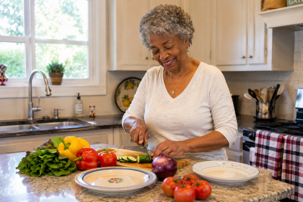 An older woman smiles while slicing a cucumber in a bright kitchen, embracing eating for strength and energy after 55. Fresh vegetables—lettuce, tomatoes, bell peppers, and onions—are arranged on the counter next to plates.