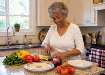 An older woman smiles while slicing a cucumber in a bright kitchen, embracing eating for strength and energy after 55. Fresh vegetables—lettuce, tomatoes, bell peppers, and onions—are arranged on the counter next to plates.