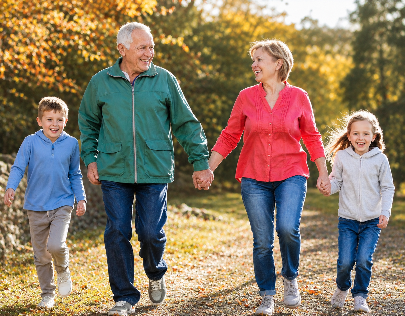 Two smiling older adults walk outdoors hand in hand with two happy children, a boy and a girl, along a sunlit path—showcasing the health benefits of being a grandparent while enjoying a joyful day together.