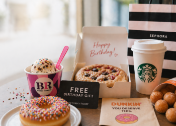 A table displays birthday freebies: a Baskin Robbins ice cream, a sprinkle donut, a giant cookie with Happy Birthday! sign, Starbucks coffee, Dunkin donut holes, a Sephora bag, and a Victorias Secret free birthday gift card.