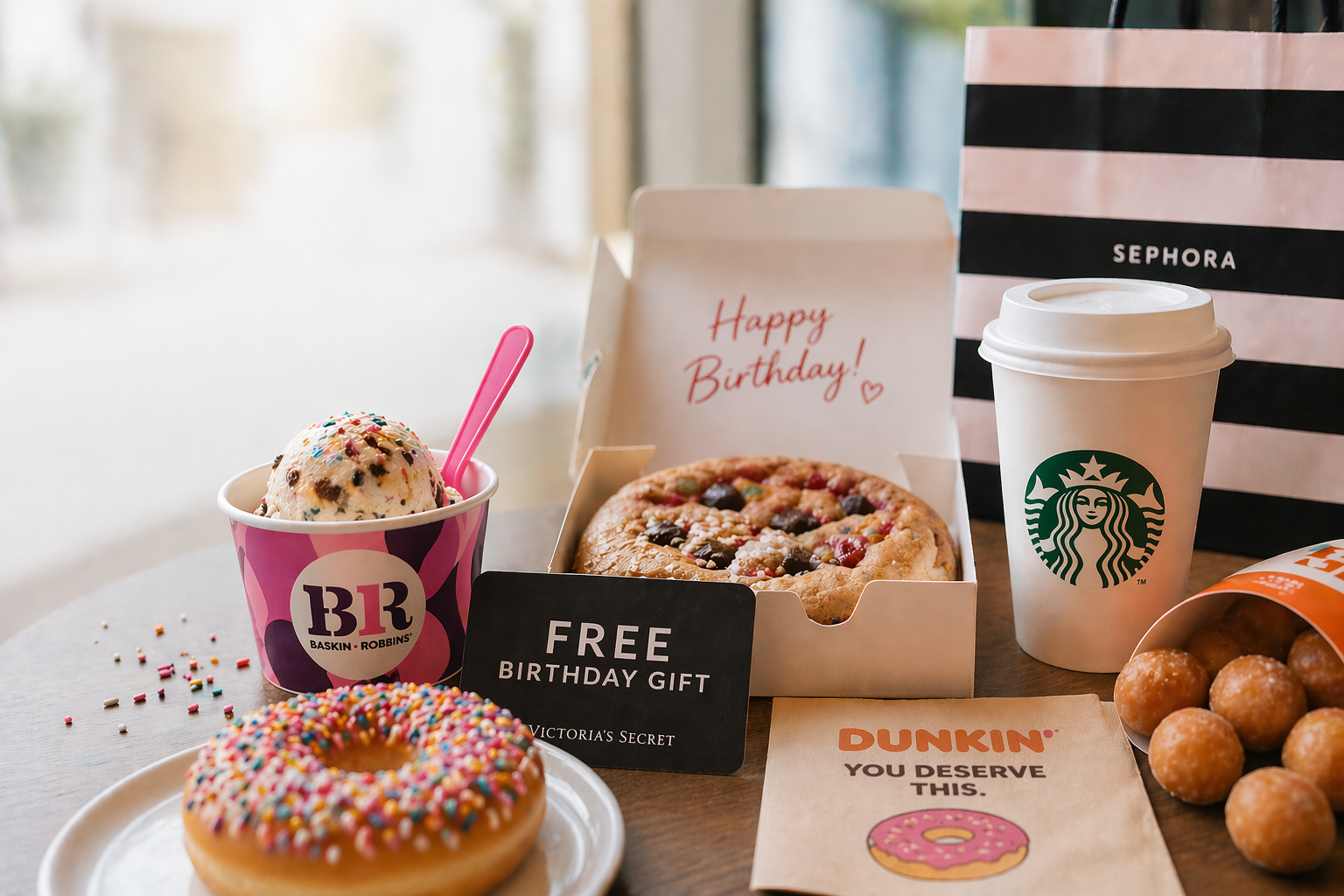 A table displays birthday freebies: a Baskin Robbins ice cream, a sprinkle donut, a giant cookie with Happy Birthday! sign, Starbucks coffee, Dunkin donut holes, a Sephora bag, and a Victorias Secret free birthday gift card.