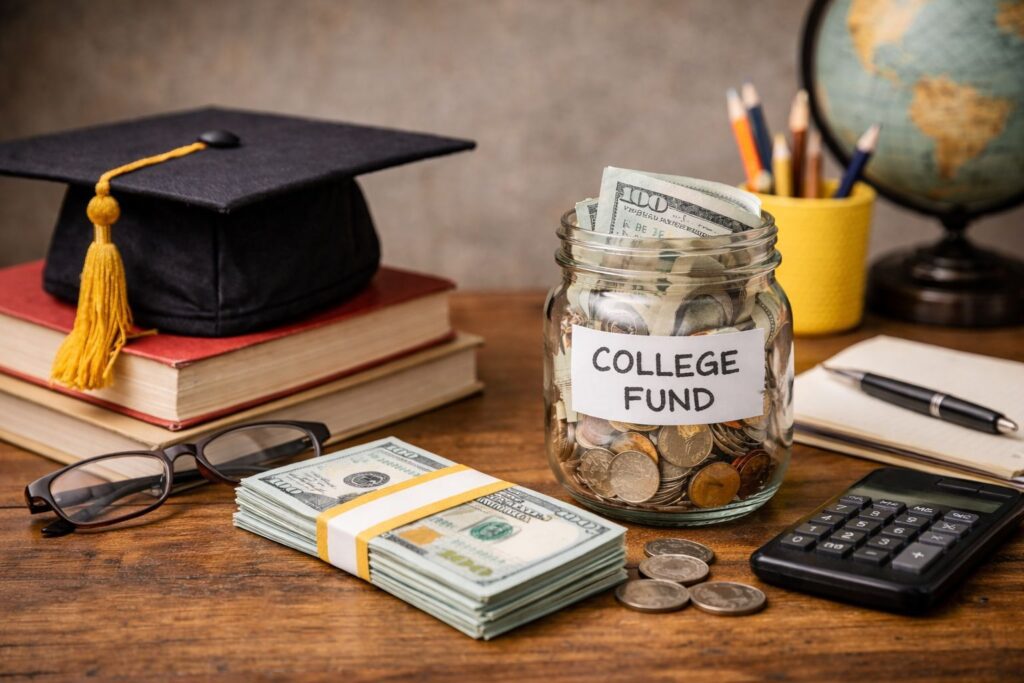 A jar labeled College Fund filled with cash and coins sits on a desk with a graduation cap, books, money, glasses, and more—showing how to help grandchildren succeed by saving for their education.