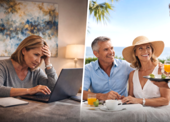 Woman stressed, then couple enjoying vacation outdoors.