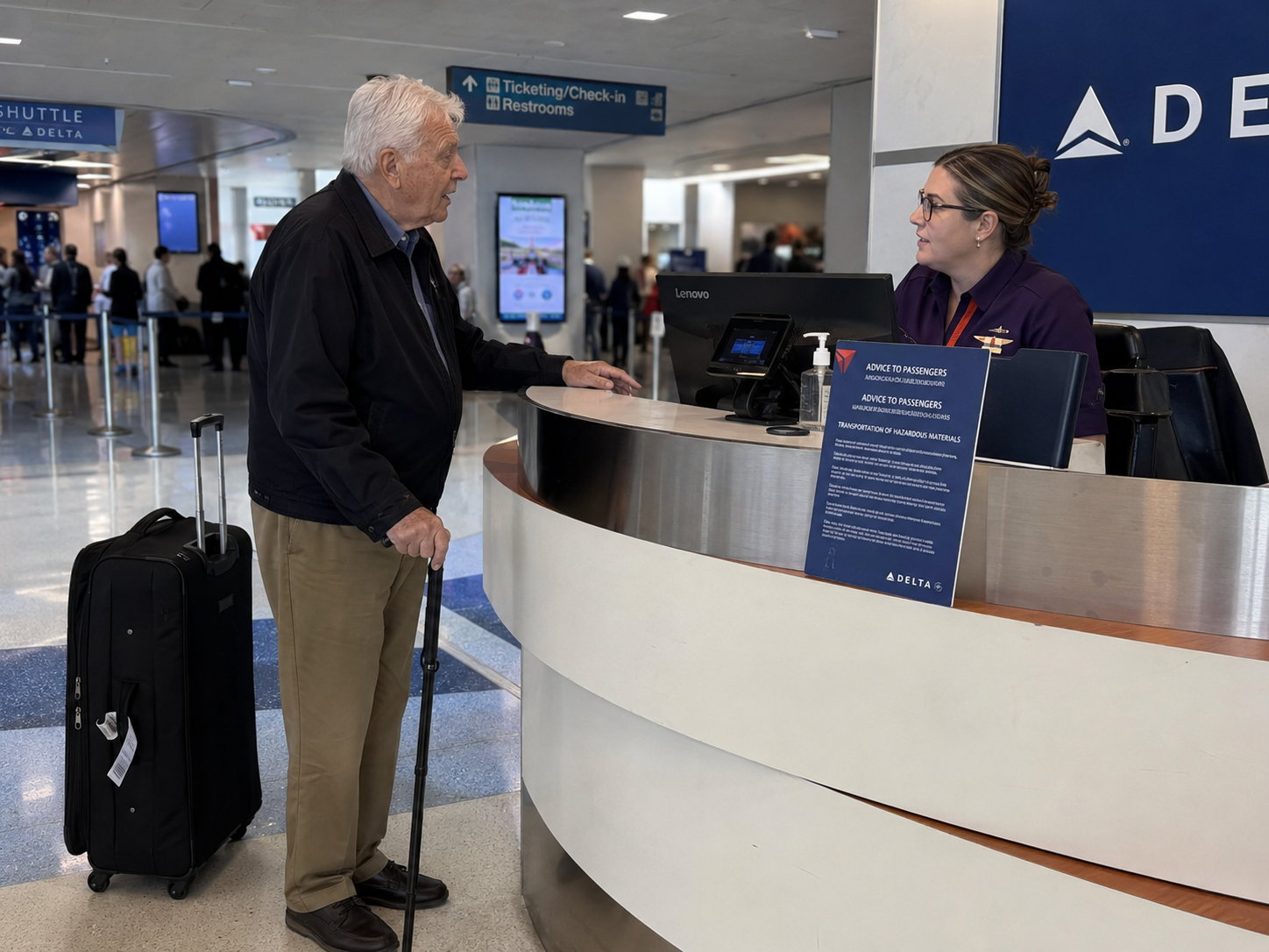 An older man with a cane and rolling suitcase talks to a Delta airline employee at an airport counter, staying alert to travel scams. The employee is behind a desk with a computer; signs for ticketing, check-in, and restrooms are visible in the background.
