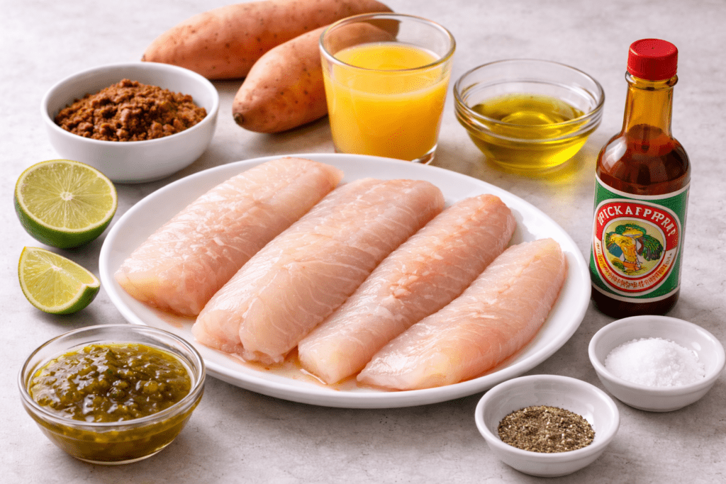 Grouper fish fillets on a plate surrounded by lime halves, sweet potatoes, brown sugar, orange juice, olive oil, green sauce, black pepper, salt, and a bottle of spice sauce—perfect for a flavorful jerk grouper recipe.