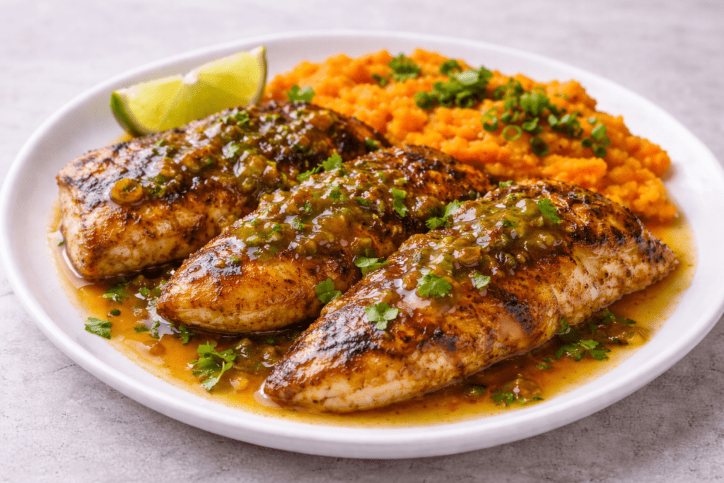 Three grilled fish fillets, inspired by a jerk grouper recipe, topped with green herb sauce, garnished with cilantro, and served alongside orange mashed sweet potatoes and lime wedges on a white plate.