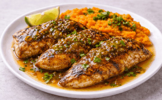 Three grilled fish fillets, inspired by a jerk grouper recipe, topped with green herb sauce, garnished with cilantro, and served alongside orange mashed sweet potatoes and lime wedges on a white plate.