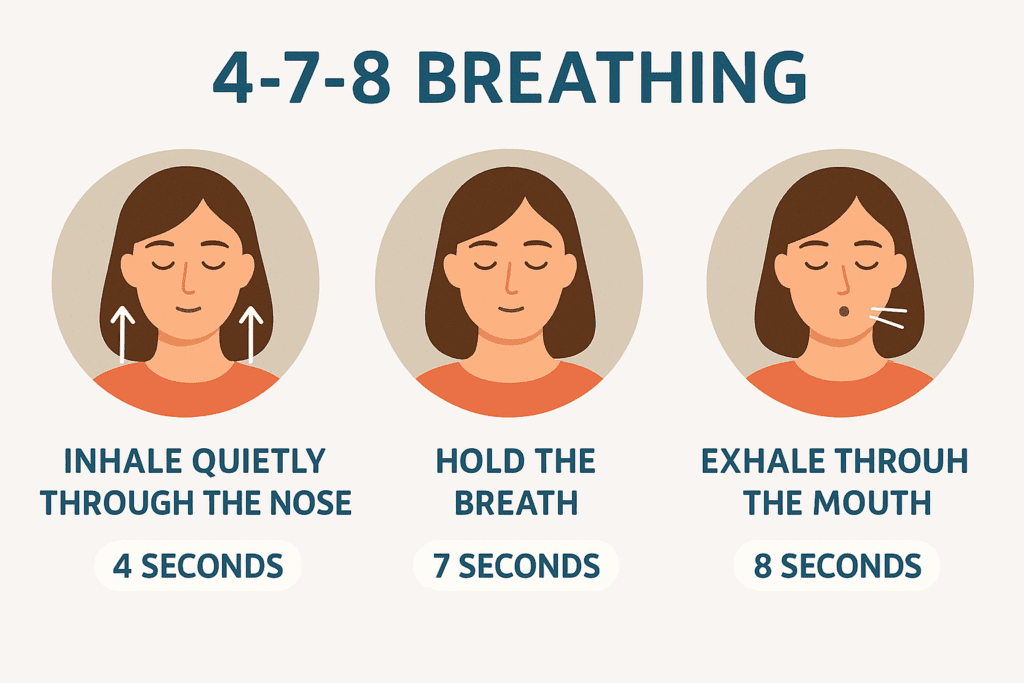 A visual guide showing three illustrated steps of the 4-7-8 breathing method: a woman with arrows indicating nasal inhalation, another holding her breath with eyes closed, and the third gently exhaling through the mouth. Text below each image reads: “Inhale quietly through the nose – 4 seconds,” “Hold the breath – 7 seconds,” and “Exhale through the mouth – 8 seconds.