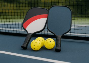 Two pickleball paddles, one with a red, white, and black design, and three yellow perforated balls are placed on an outdoor court—perfect for pickleball for adults 55+—with a black net visible in the background.