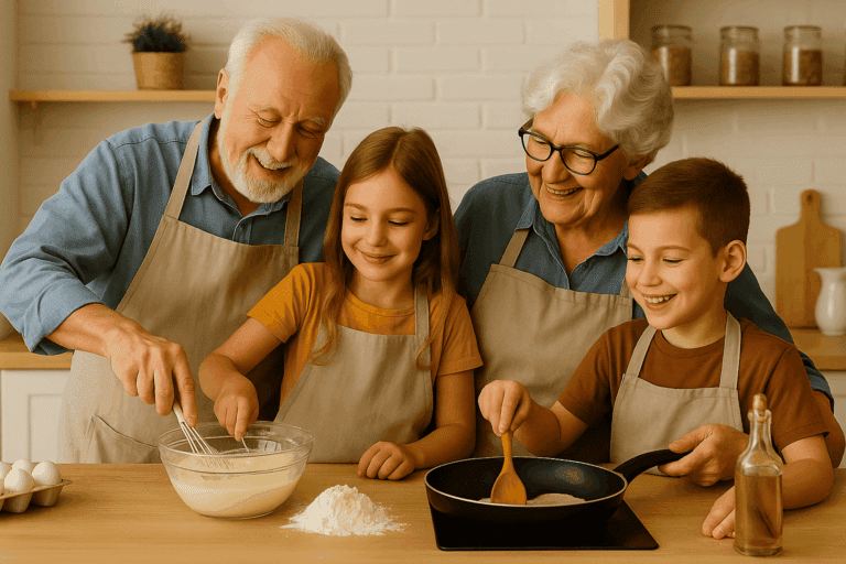 Grandparents making pancakes with grandkids