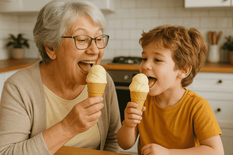 grandma and grandson eating ice cream
