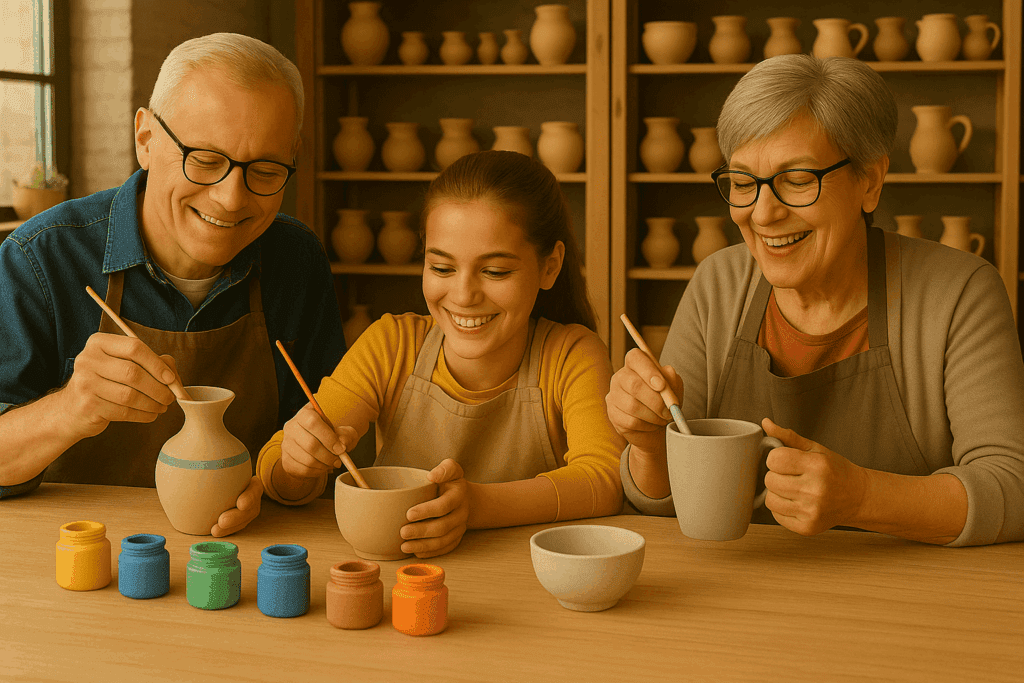 grandparents and grandchild painting pottery together
