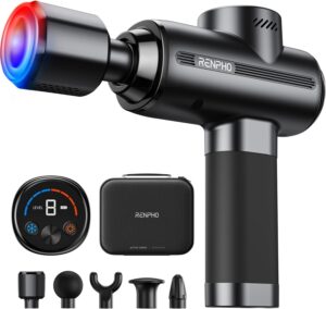 Discover one of the top Amazon wellness finds: a RENPHO massage gun with a digital display, carrying case, and five interchangeable massage heads. The head glows red and blue for added relaxation during your massage session.