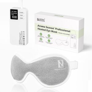 A gray Aroma Season heated eye mask with an adjustable strap, a digital controller displaying temperature and time, and its product packaging labeled Aroma Season Professional Heated Eye Mask—a standout among Amazon wellness finds.