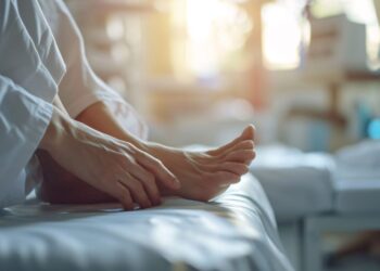 A person sits on a bed with bare feet touching the floor, sunlight streaming through a window in a softly blurred background, creating a calm and peaceful atmosphere.