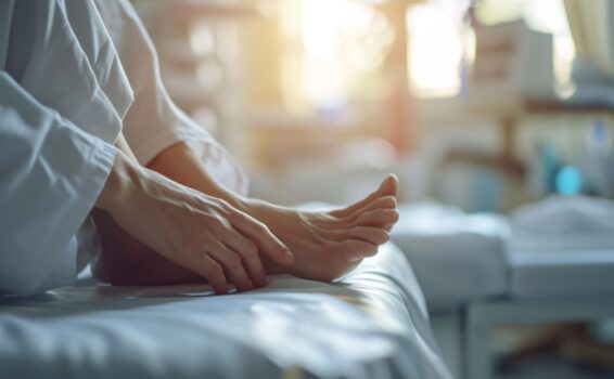 A person sits on a bed with bare feet touching the floor, sunlight streaming through a window in a softly blurred background, creating a calm and peaceful atmosphere.