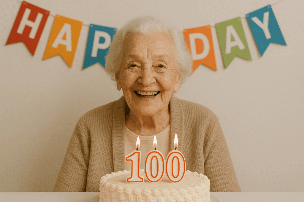 Elderly woman smiling in front of a birthday cake with 100 candles, celebrating the daily habits of people who live to 100. A colorful HAPPY BIRTHDAY banner hangs in the background.