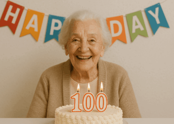 Elderly woman smiling in front of a birthday cake with 100 candles, celebrating the daily habits of people who live to 100. A colorful HAPPY BIRTHDAY banner hangs in the background.