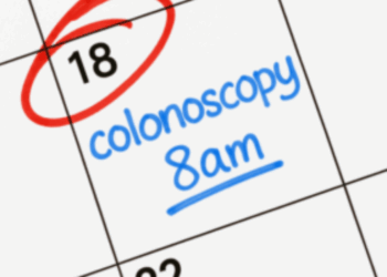 A calendar shows the 18th circled in red with the words colonoscopy 8am written in blue on that date.