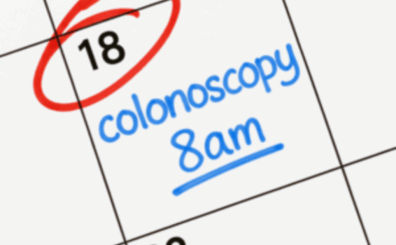 A calendar shows the 18th circled in red with the words colonoscopy 8am written in blue on that date.