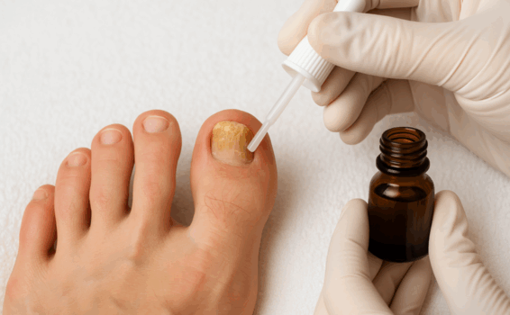 A gloved hand applies antifungal nail treatment with a dropper to a thickened toenail showing signs of toenail fungus. An amber glass bottle rests beside the foot on a clean white surface.