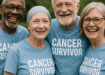 Four older adults stand close together, smiling and wearing matching blue t-shirts that say “Cancer Survivor,” showing unity and celebration outdoors as they thrive after cancer.