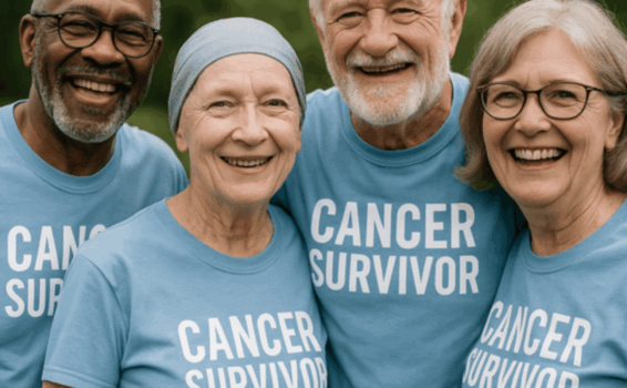 Four older adults stand close together, smiling and wearing matching blue t-shirts that say “Cancer Survivor,” showing unity and celebration outdoors as they thrive after cancer.
