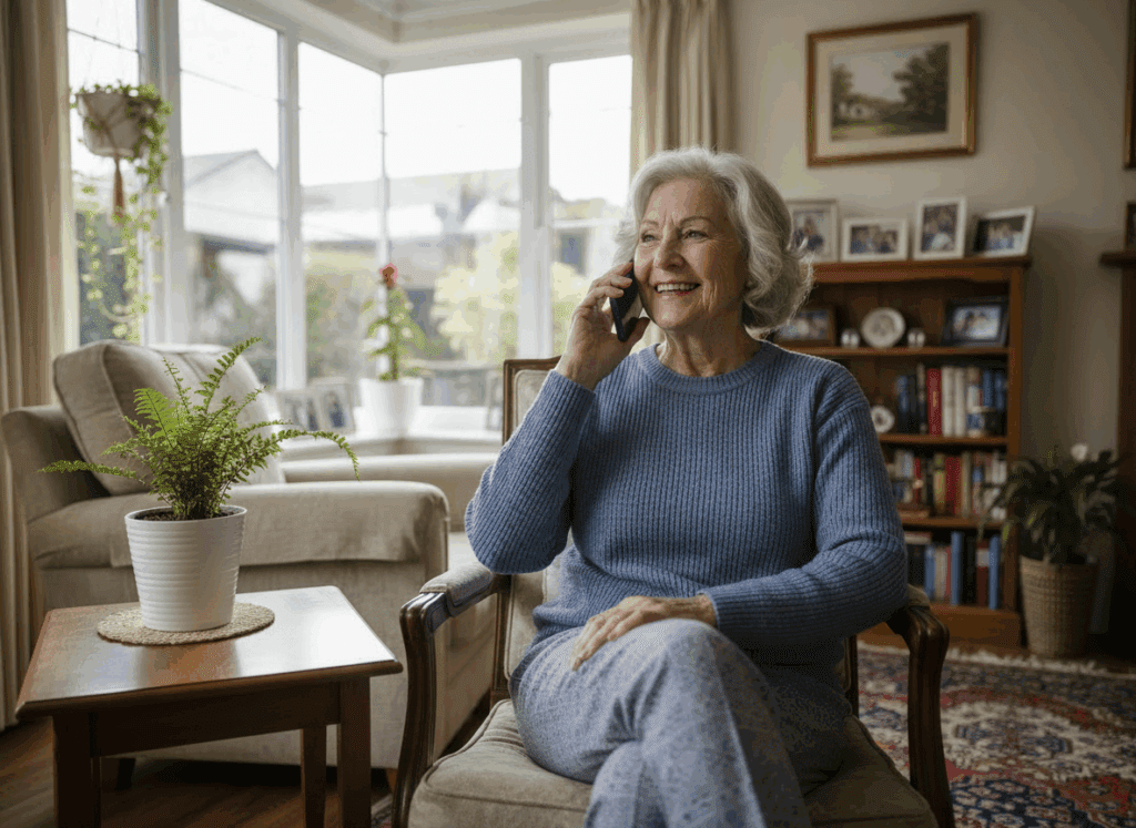 An older woman with gray hair, wearing a blue sweater and light pants, sits in a cozy living room on a chair, smiling while talking about voice changes in older adults on her smartphone. There is a potted plant and framed photos in the background.