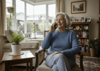 An older woman with gray hair, wearing a blue sweater and light pants, sits in a cozy living room on a chair, smiling while talking about voice changes in older adults on her smartphone. There is a potted plant and framed photos in the background.