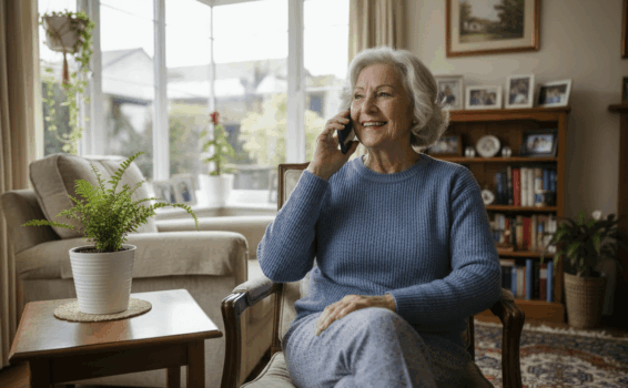 An older woman with gray hair, wearing a blue sweater and light pants, sits in a cozy living room on a chair, smiling while talking about voice changes in older adults on her smartphone. There is a potted plant and framed photos in the background.