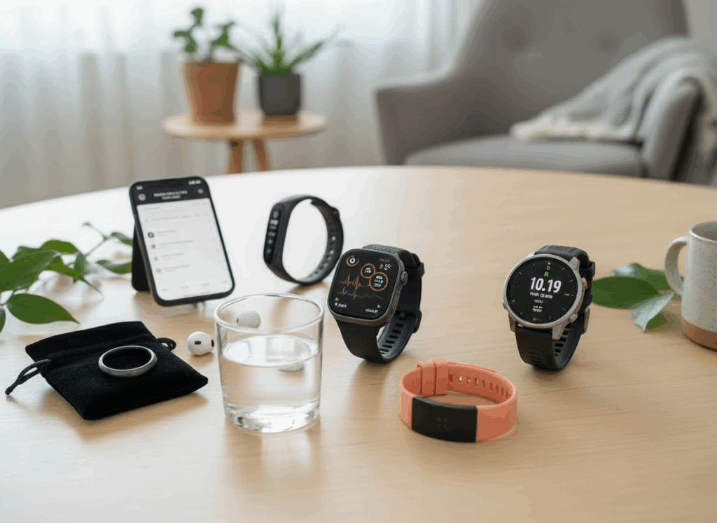 A round table displays various smart wearable health monitors, including smartwatches, fitness bands, a smartphone, wireless earbuds, a smart ring, a glass of water, and potted plants in a cozy, well-lit room—ideal for seniors.