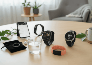 A round table displays various smart wearable health monitors, including smartwatches, fitness bands, a smartphone, wireless earbuds, a smart ring, a glass of water, and potted plants in a cozy, well-lit room—ideal for seniors.