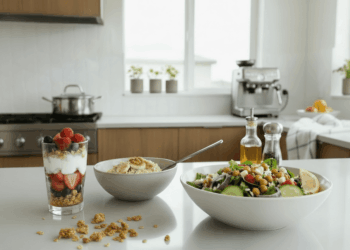 A glass of yogurt parfait with berries and granola, a bowl of oatmeal topped with walnuts, and a large salad with greens and chickpeas showcase delicious ways of adding fiber for healthy eating after 55 on a modern kitchen counter.