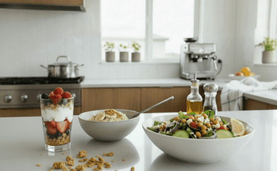 A glass of yogurt parfait with berries and granola, a bowl of oatmeal topped with walnuts, and a large salad with greens and chickpeas showcase delicious ways of adding fiber for healthy eating after 55 on a modern kitchen counter.