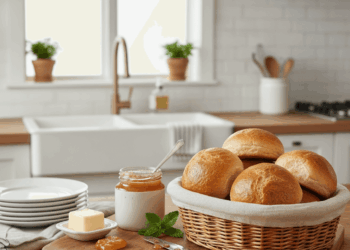 A basket of fresh bread rolls, made with a classic dough recipe, sits on a kitchen counter next to apricot jam, butter, mint leaves, stacked plates, and a towel. The bright kitchen features white tiles and potted plants by the window.