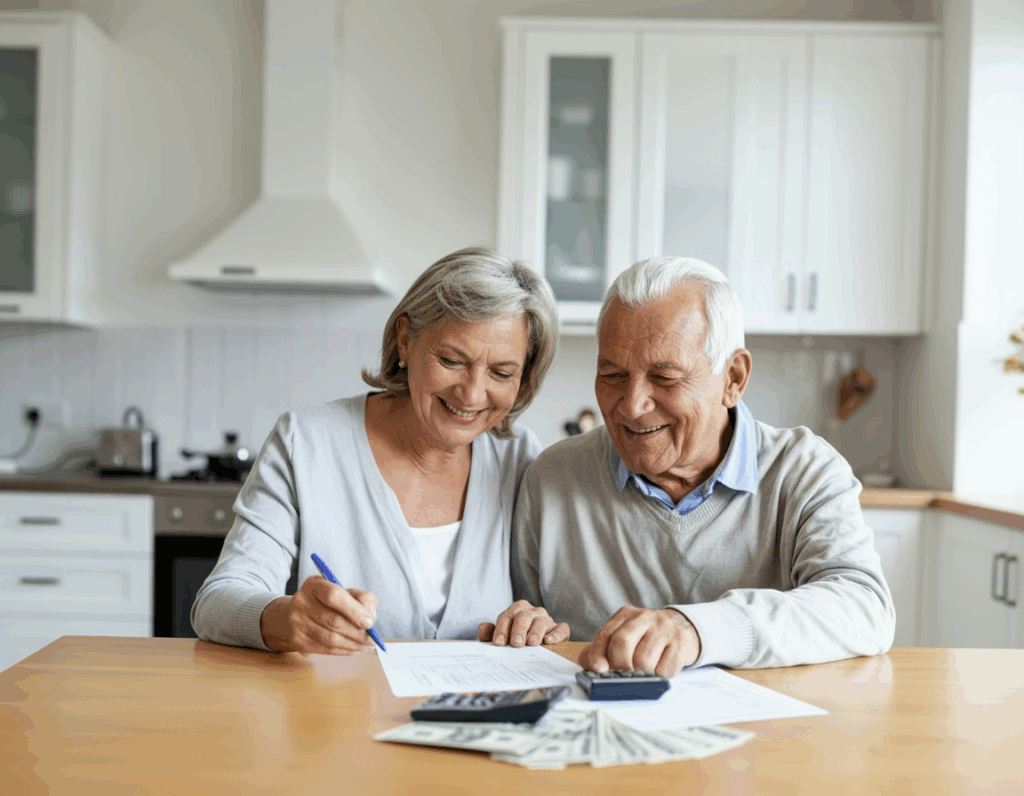 An older couple sits at a kitchen table smiling, signing documents together—making smart money moves to stretch your nest egg. A stack of money and a calculator are on the table in their bright, modern kitchen.