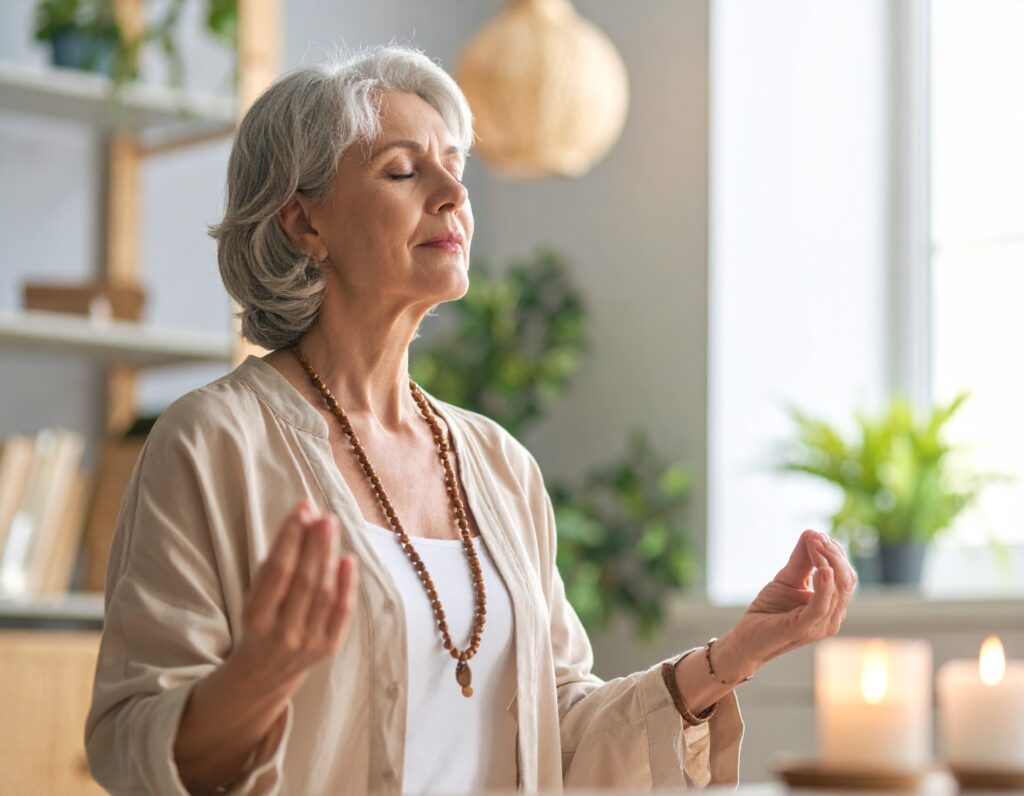 An older woman with gray hair sits peacefully indoors, practicing 4-7-8 breathing with her eyes closed. Meditating with relaxed hands, she wears a necklace and light clothing, surrounded by plants and lit candles.