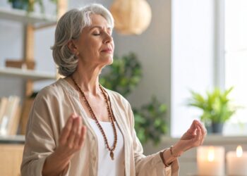 An older woman with gray hair sits peacefully indoors, practicing 4-7-8 breathing with her eyes closed. Meditating with relaxed hands, she wears a necklace and light clothing, surrounded by plants and lit candles.