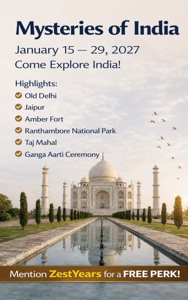 A travel poster for Mysteries of India featuring the Taj Mahal, trip dates January 15–29, 2027, and highlights like Old Delhi, Jaipur, Amber Fort, Ranthambore, Taj Mahal, and Ganga Aarti Ceremony.