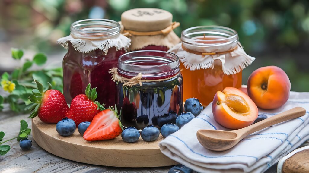 Jars of homemade jam with fabric covers sit on a wooden board surrounded by fresh strawberries, blueberries, and apricots, capturing the joy of canning. A halved apricot, wooden spoon, and cloth napkin complete the outdoor scene.