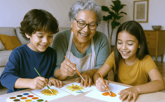 Grandmother doing artwork with her grandchildren at a table