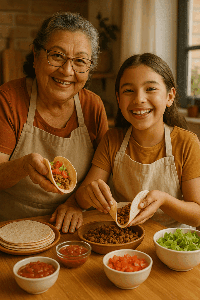 grandma making tacos with grandchild