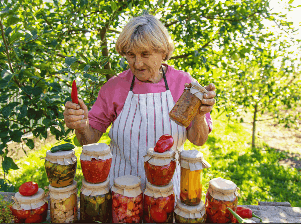 A Woman staring at a collection of canned foods