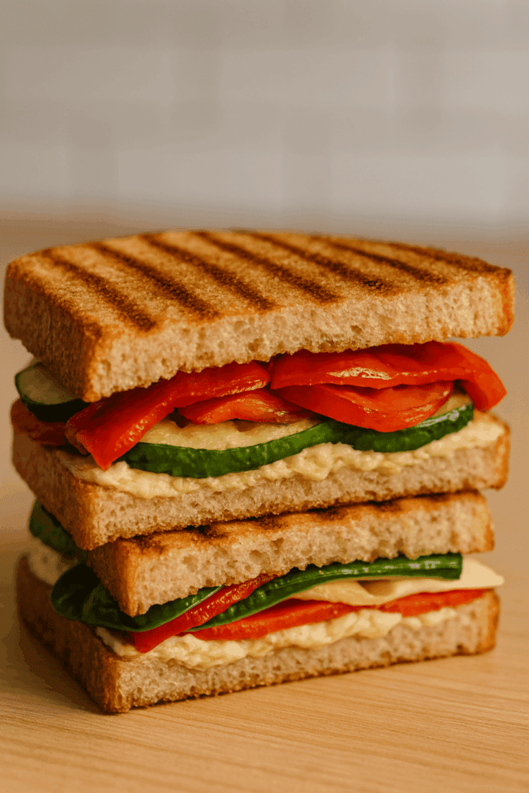 A close-up of two stacked grilled vegetable sandwiches made with hummus, cucumber, spinach, and roasted red pepper between toasted bread slices—perfectly pressed using the best panini press for home use—on a wooden surface.