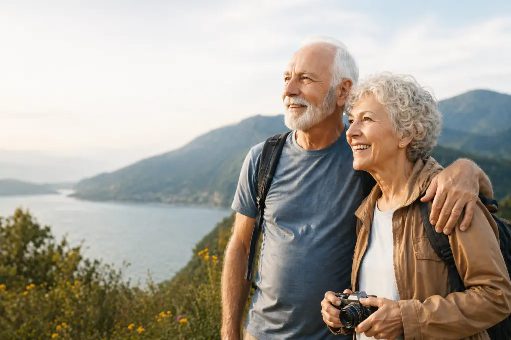 An older couple stands outdoors, smiling and looking at a scenic lake with mountains in the background. Enjoying casual clothes and backpacks, they embrace finding purpose after retirement as they explore together, the woman holding a camera.