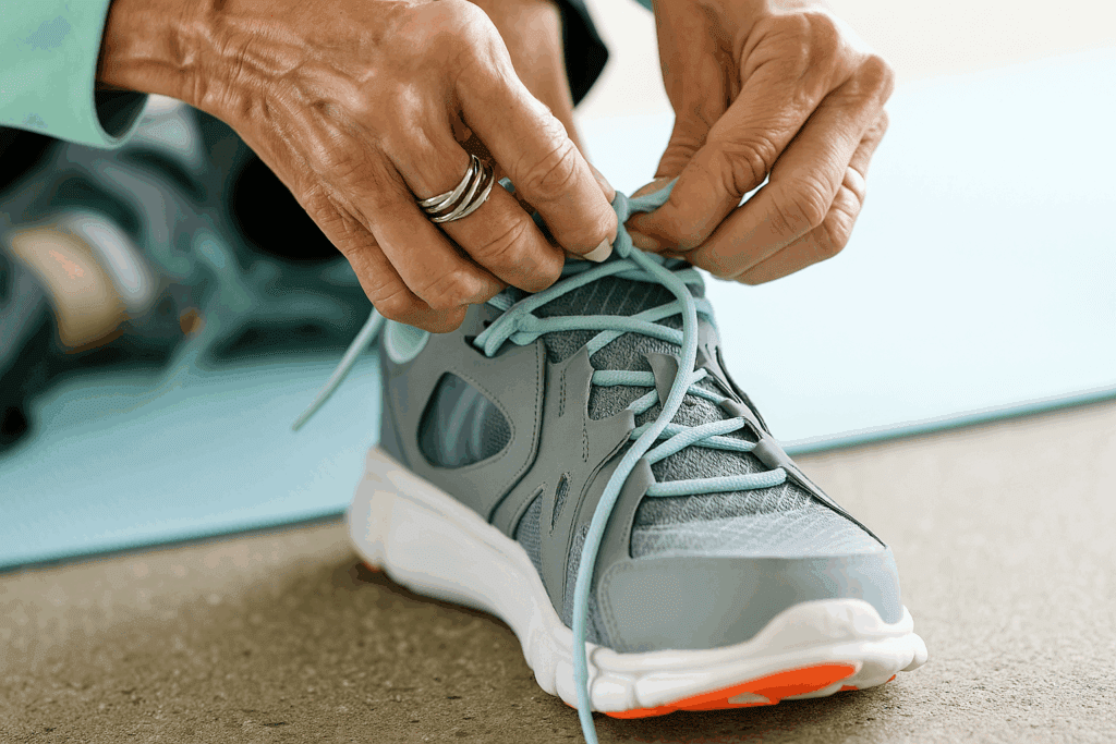 Close-up of a person’s hands tying light blue laces on a gray and white athletic shoe—one of the best shoes for seniors—with a yoga mat in the background.