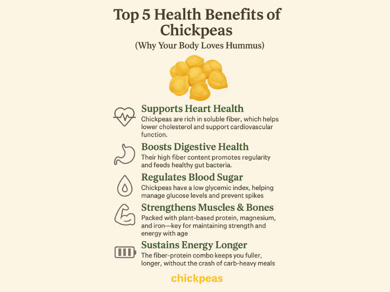 A digital infographic titled “Top 5 Health Benefits of Chickpeas (Why Your Body Loves Hummus)” on a beige background. Under the title is a cluster of yellow chickpeas. The infographic lists five health benefits of chickpeas, each paired with a minimalist grayscale icon: