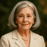 A poised older woman with silver hair, wearing a gold headband, pearl necklace, and matching gold earrings, smiles gently at the camera. She is dressed in a beige blazer, and the blurred green background suggests an outdoor setting.