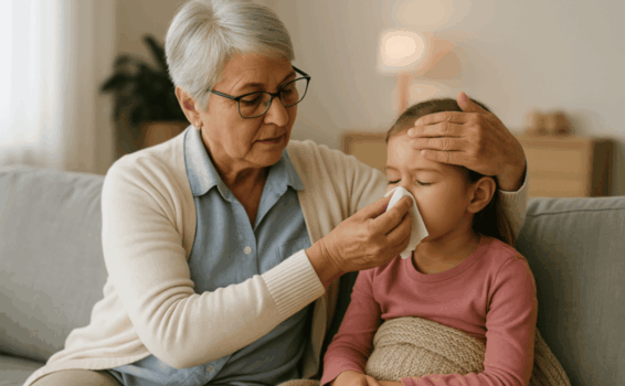 Grandmother wiping the nose of sick grandchild